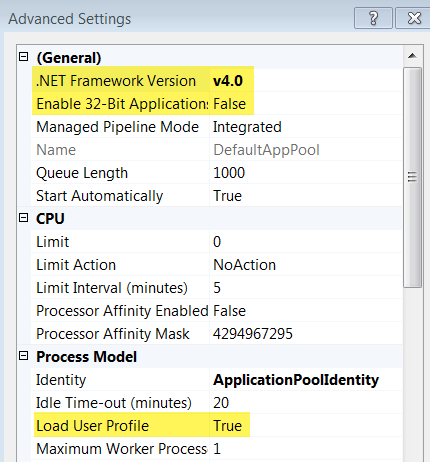 The Advanced Settings screen showing the >NET Framework Version, the Enable 32-BIt Application, and Load User Profile options.